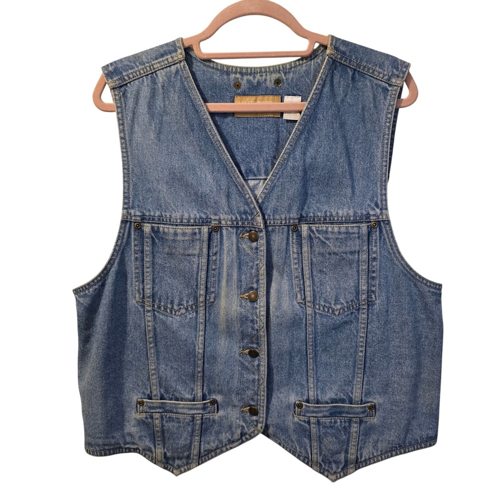 Vintage 90s Liz Claiborne Denim Vest Women Large Blue Cotton Button Up Western